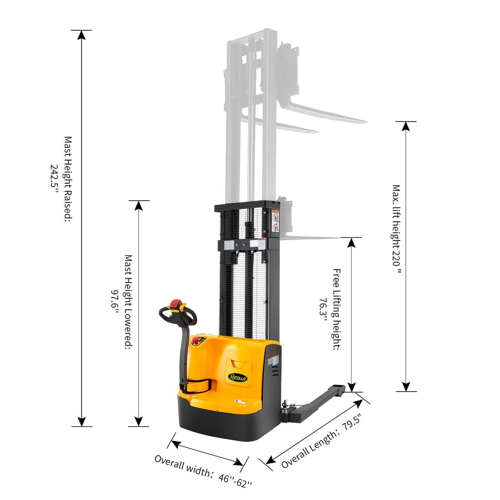 Apollolift Electric Straddle Stacker with 220&quot; Lift and 3300 lb Cap Pallet Stacker - A-3030
