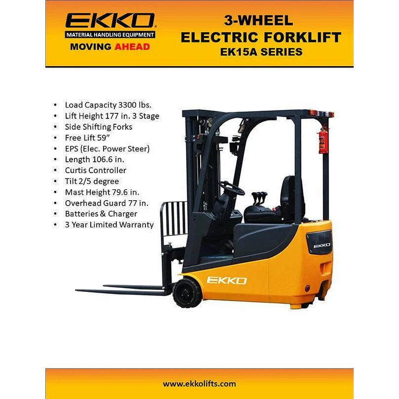 EKKO 3 Wheel Electric Forklift, 3300 lb Cap., 177&quot; Lift Ht., Side Shift - EK15A