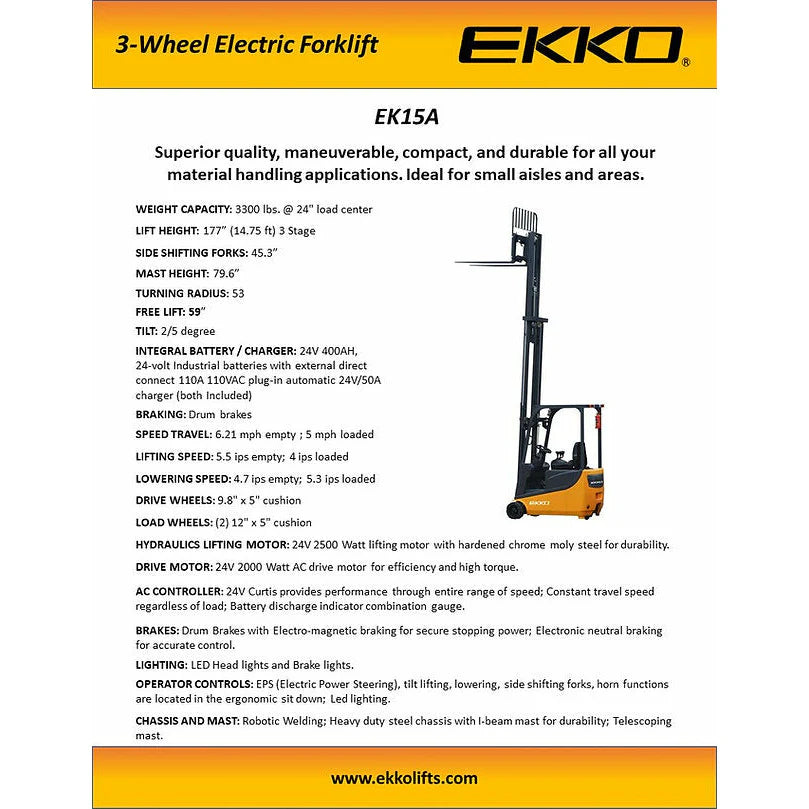 EKKO 3 Wheel Electric Forklift, 3300 lb Cap., 177&quot; Lift Ht., Side Shift - EK15A