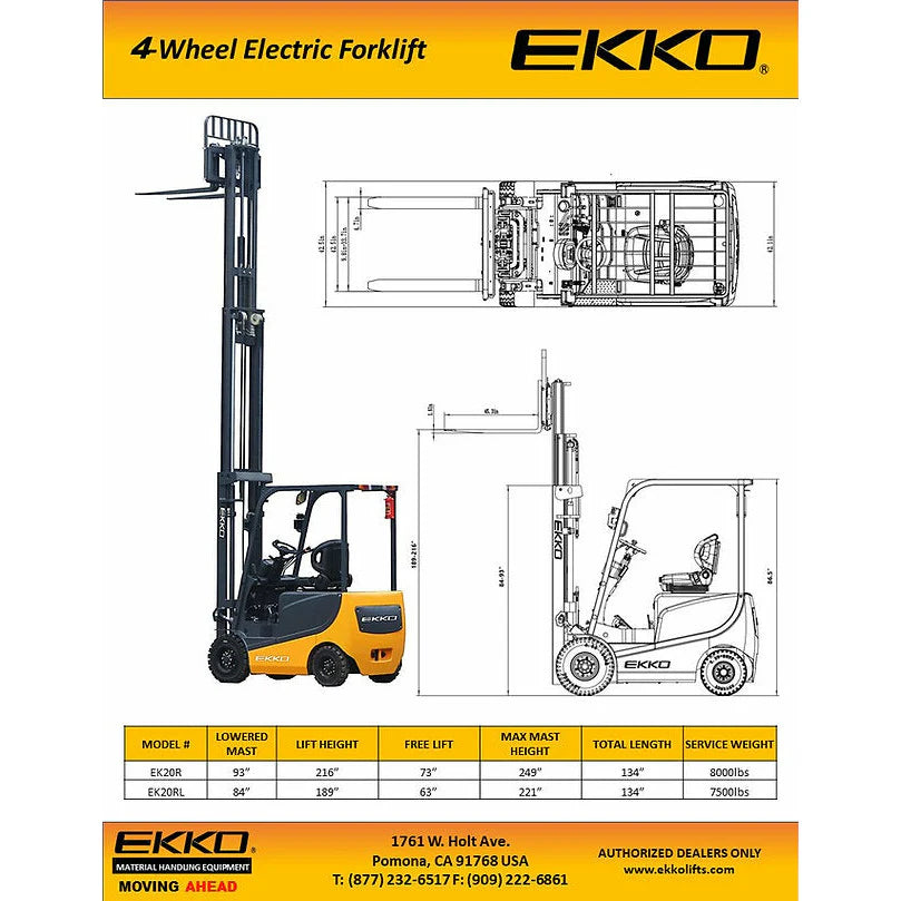 EKKO 4 Wheel Electric Forklift, 4500 lb Cap., 189&quot; Lift Ht. 48V - EK20RL