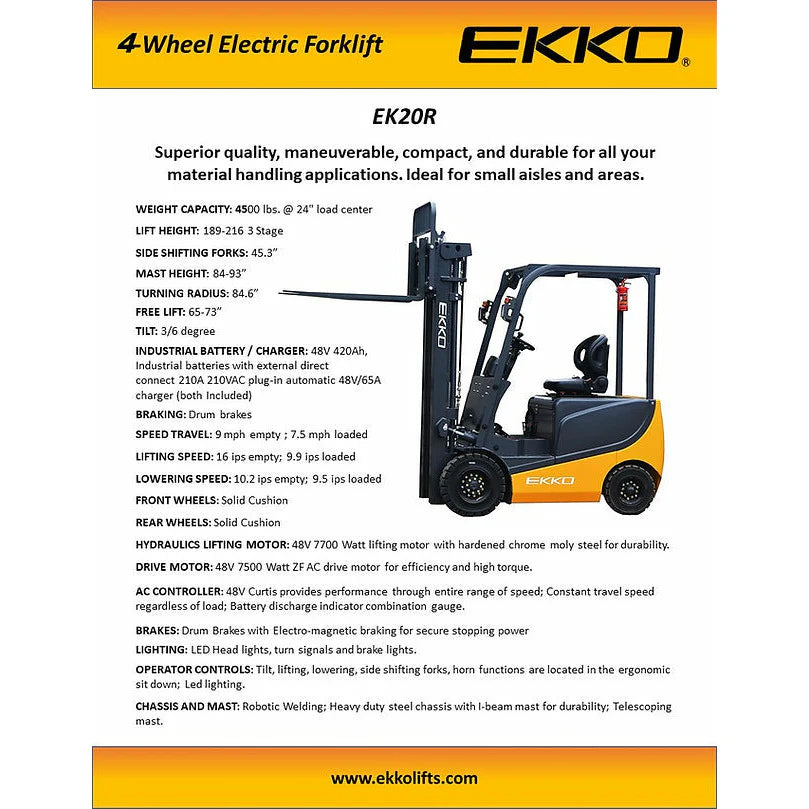 EKKO 4 Wheel Electric Forklift, 4500 lb Cap., 189&quot; Lift Ht. 48V - EK20RL