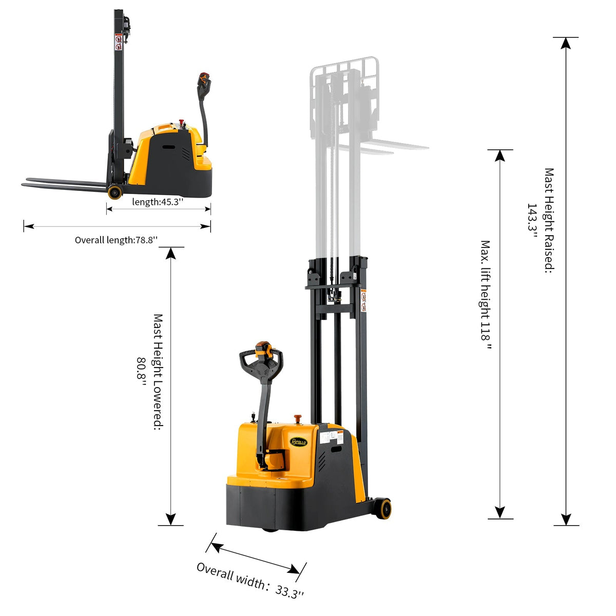 Apollolift Counterbalanced Electric Walkie Straddle Stacker with 118&quot; Lift and 1212 lb Cap Pallet Stacker - A-3031
